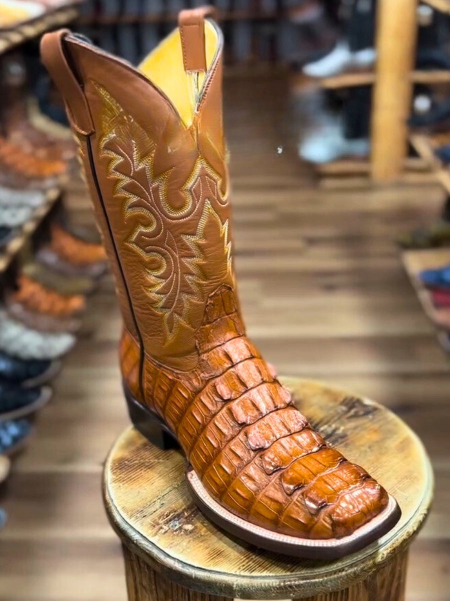 Nile Croc Wide Tail Printed Boots in Color "Cognac"