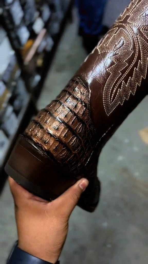 Men's Cowboy Boots Brown Crocodile Genuine Leather Round Oval Boots
