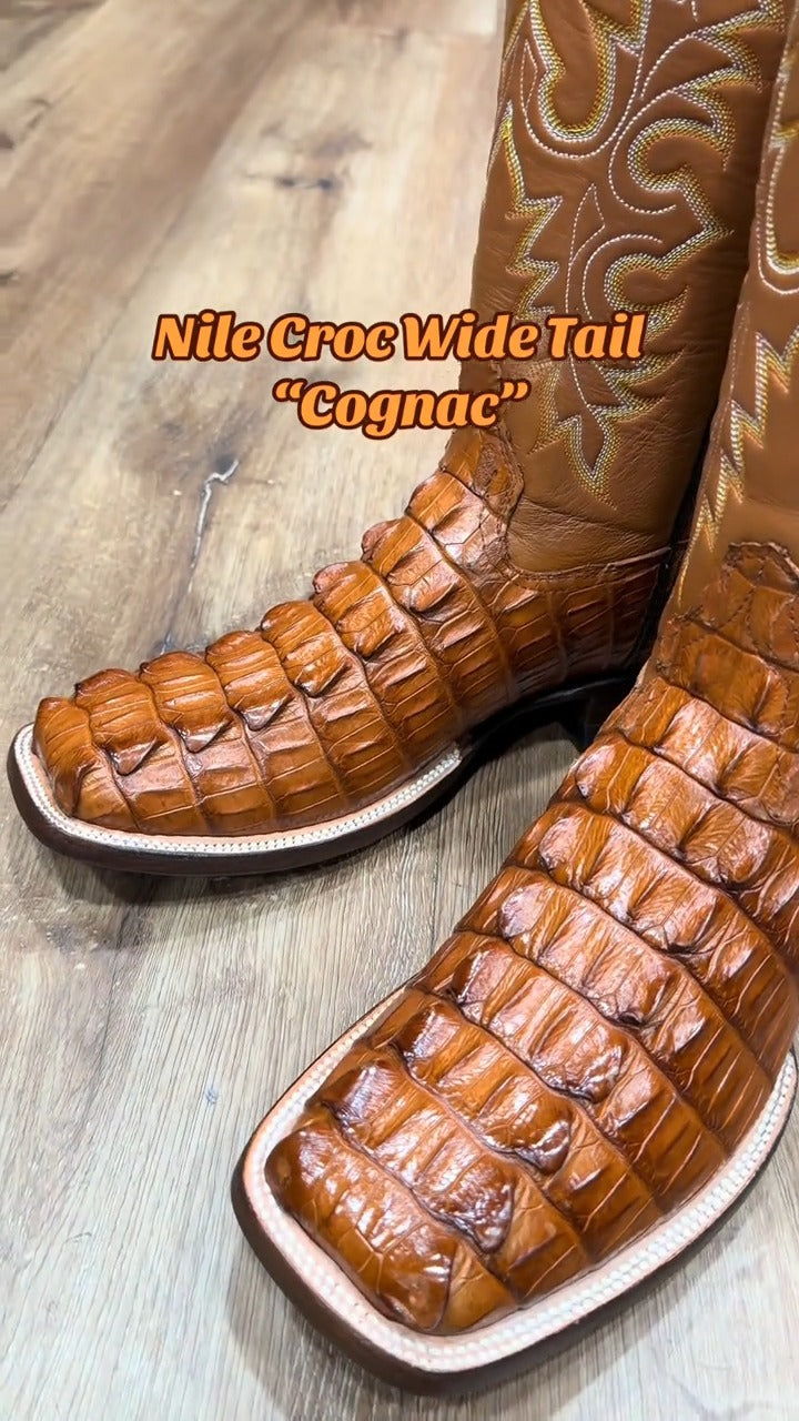 Nile Croc Wide Tail Printed Boots in Color "Cognac"