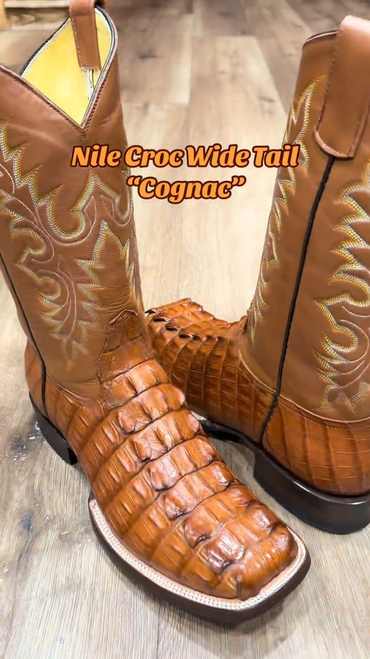 Nile Croc Wide Tail Printed Boots in Color "Cognac"