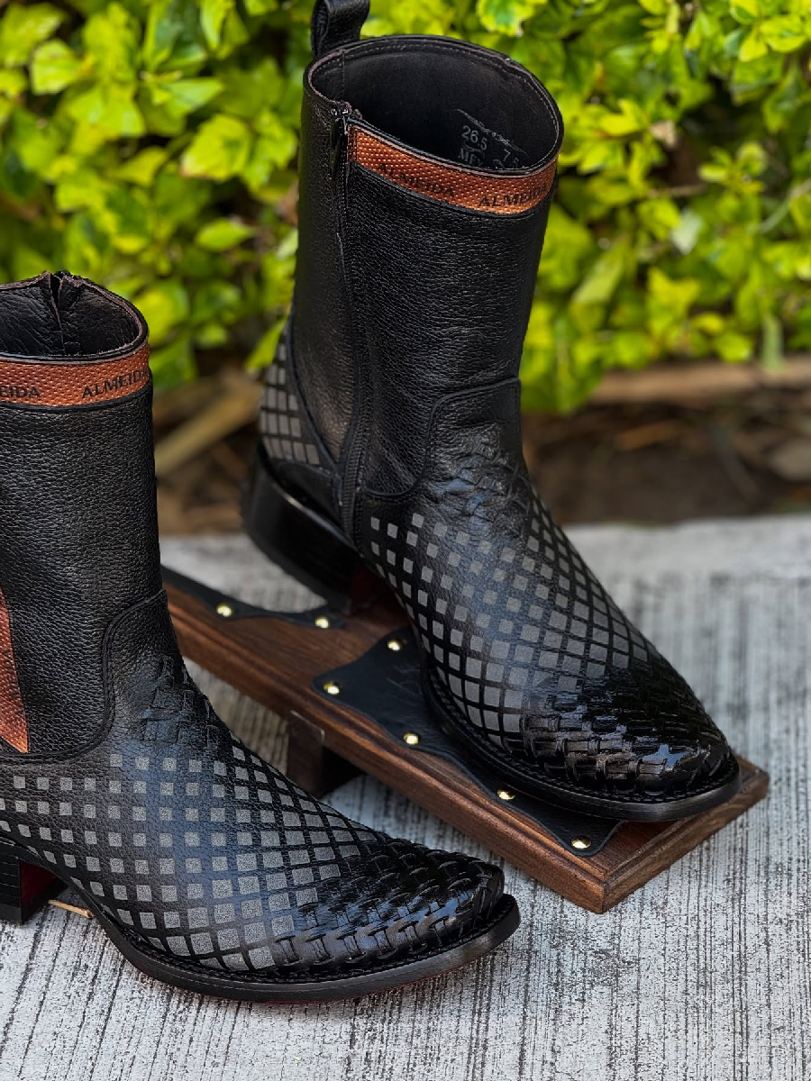 Hand-Woven Cowhide Zipper Cowboy Boots