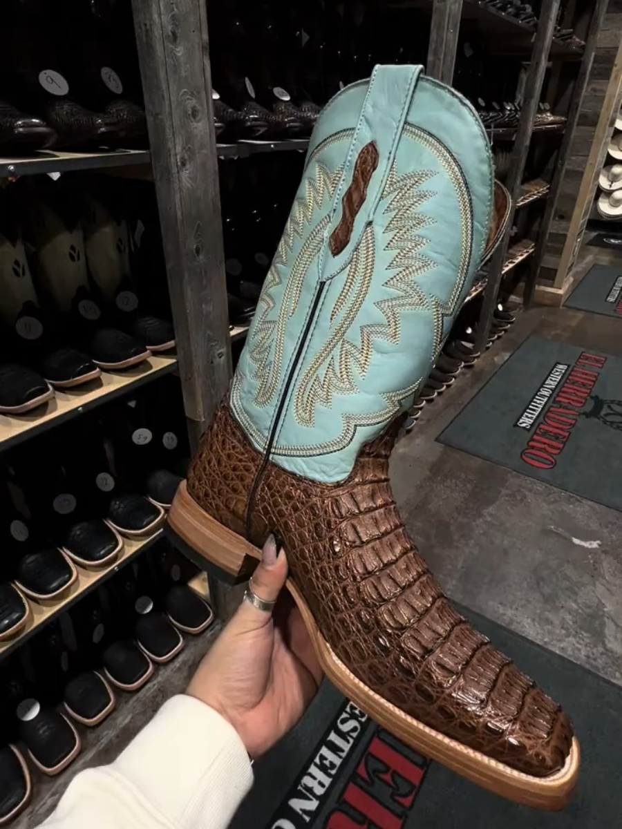 Men's Square-toe Caiman Leather Cowboy Boots