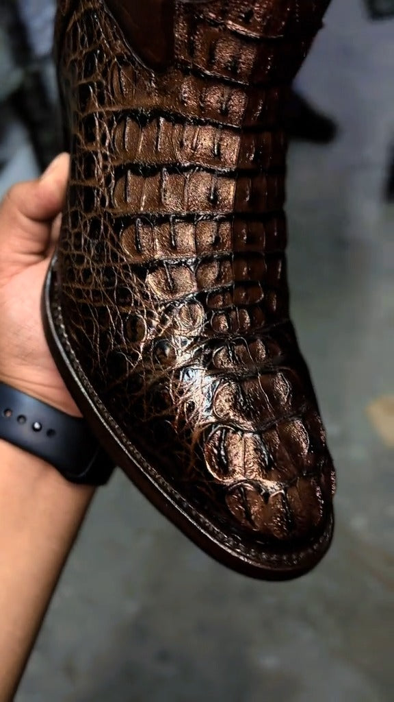 Men's Cowboy Boots Brown Crocodile Genuine Leather Round Oval Boots