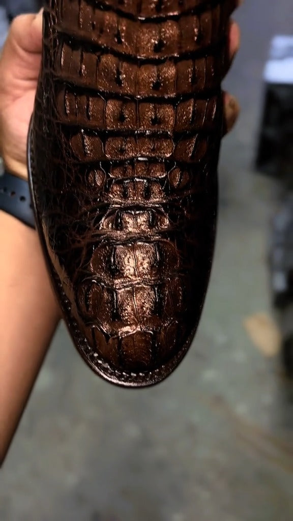 Men's Cowboy Boots Brown Crocodile Genuine Leather Round Oval Boots