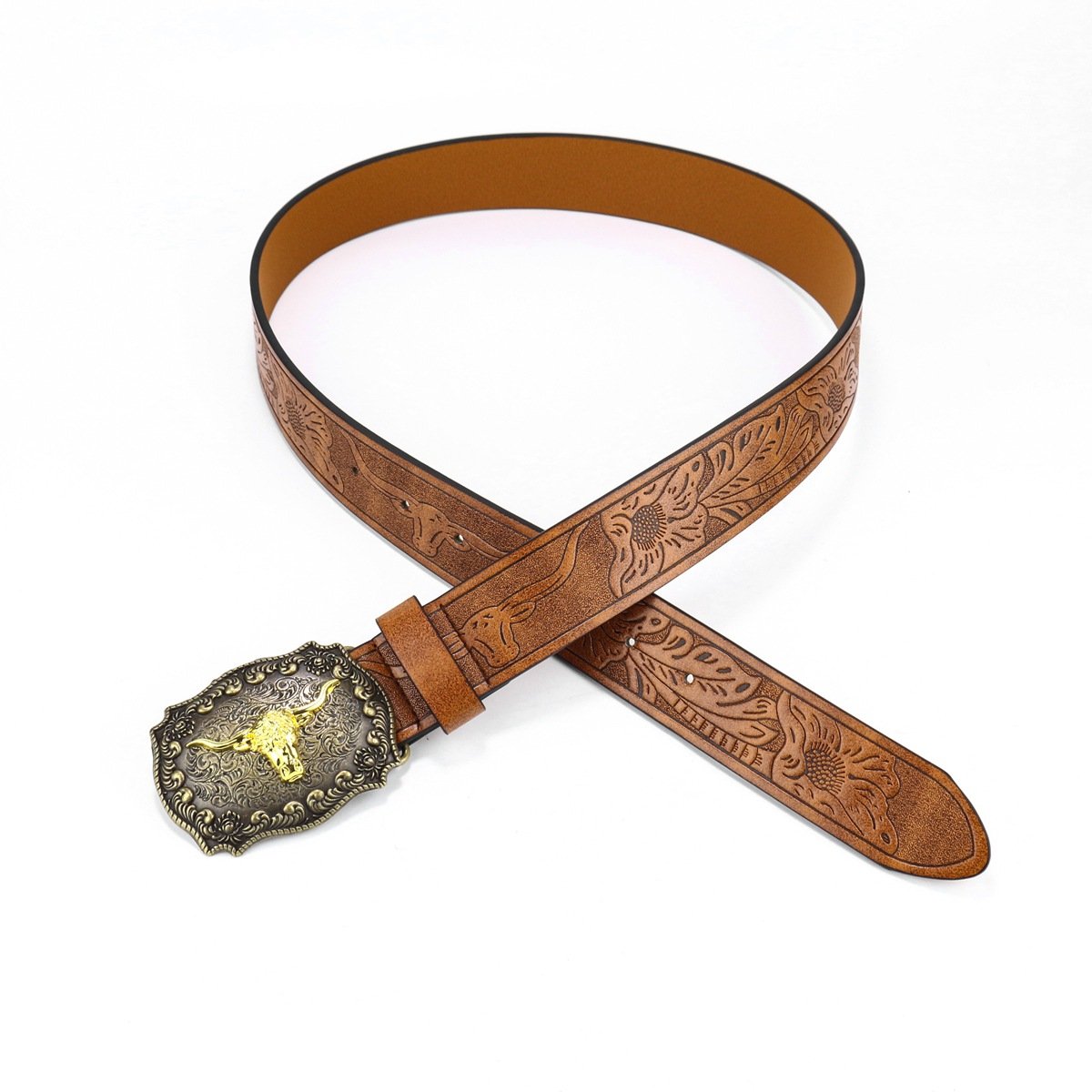 Western Cowboy Leather Belt with Bull Head