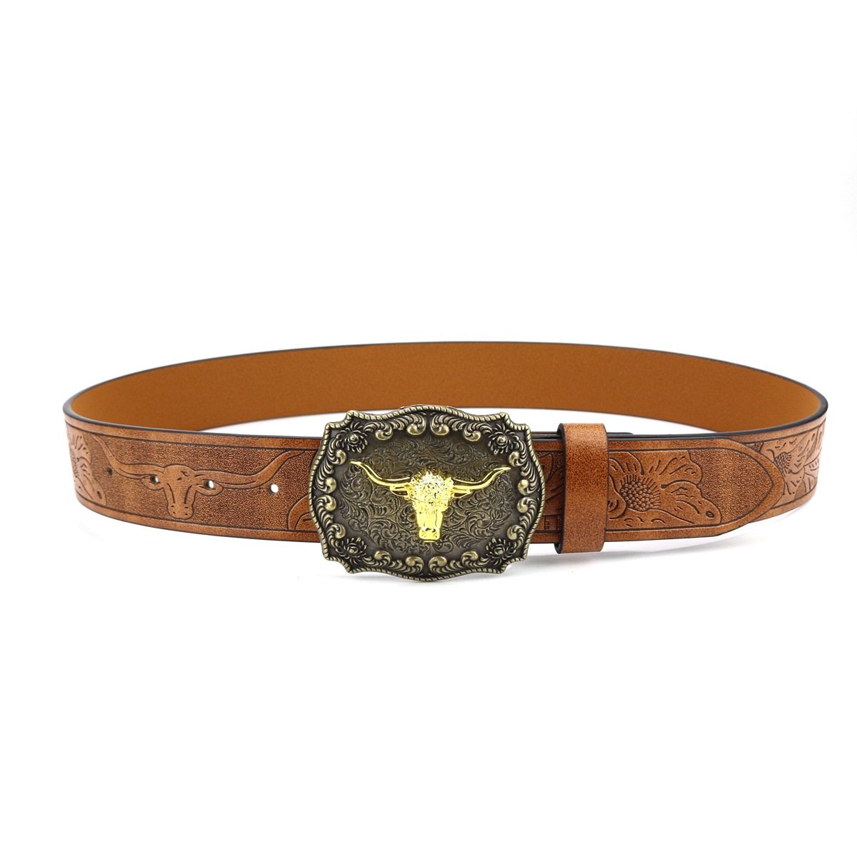 Western Cowboy Leather Belt with Bull Head